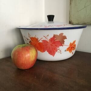 Vintage Enamelware Bowl With Lid, White Enamel & Orange Autumn Leaves Leaf Motif